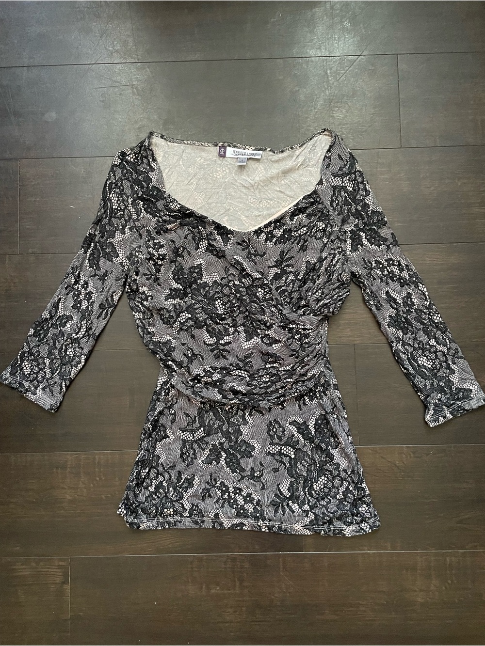 JLO Vintage Black Lace-Print Wrap Top
